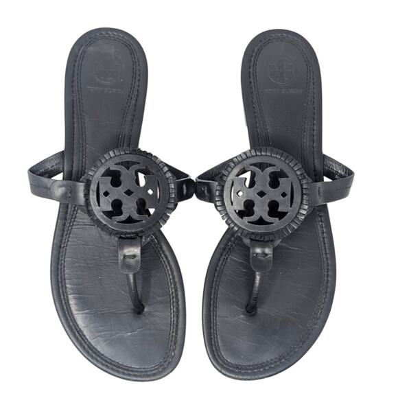 Tory Burch Shoes - Tory Burch Miller Fringe Sandals‎ Black Size 9 Logo Thong Leather Flat
